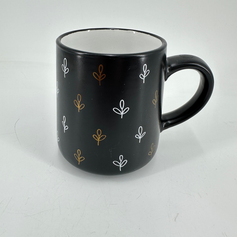 Thyme & Table Matte Black Stoneware Mug Gold White Leaf Pattern TT0210